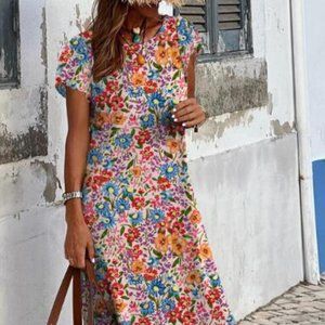 Multicolor Long Floral Print Short Sleeve Holiday Dress